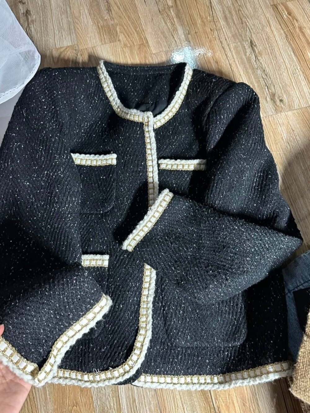 Black Tweed Bouclé Jacket with White Gold Trim